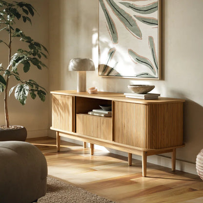 Tambour TV Stand for Tvs up to 70 Inch, TV Console with Sliding Doors