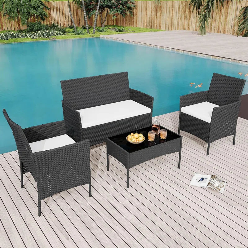 4 Pieces Patio Furniture Set, Rattan Outdoor Furniture with Upholstered Sofa, 2 Chairs and Coffee Table, Conversation Bistro Set for Garden, Backyard, Porch