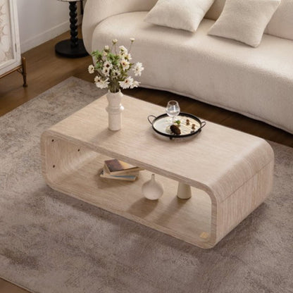 Elegant Curved Light Wood Coffee Table with Open Storage for Contemporary Living Rooms