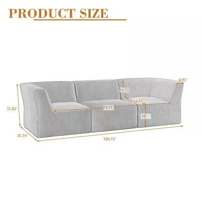 106.15 In. Modern Square Arm Corduroy Upholstered Rectangle 3-Seater Sofa in Beige