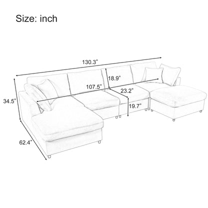 130" Oversized U-Shaped Chenille Cloud Couch - 6-Seat Modular Sectional with Movable Ottoman