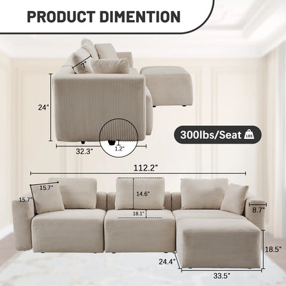 L-Shaped Sectional Sofa 112" W 3-Seater Corduroy Boneless Couch with Movable Ottoman Chaise