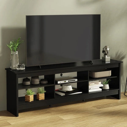 Modern Black TV Stand for 65/75 Inch TV - Wooden Entertainment Center with 6 Shelves