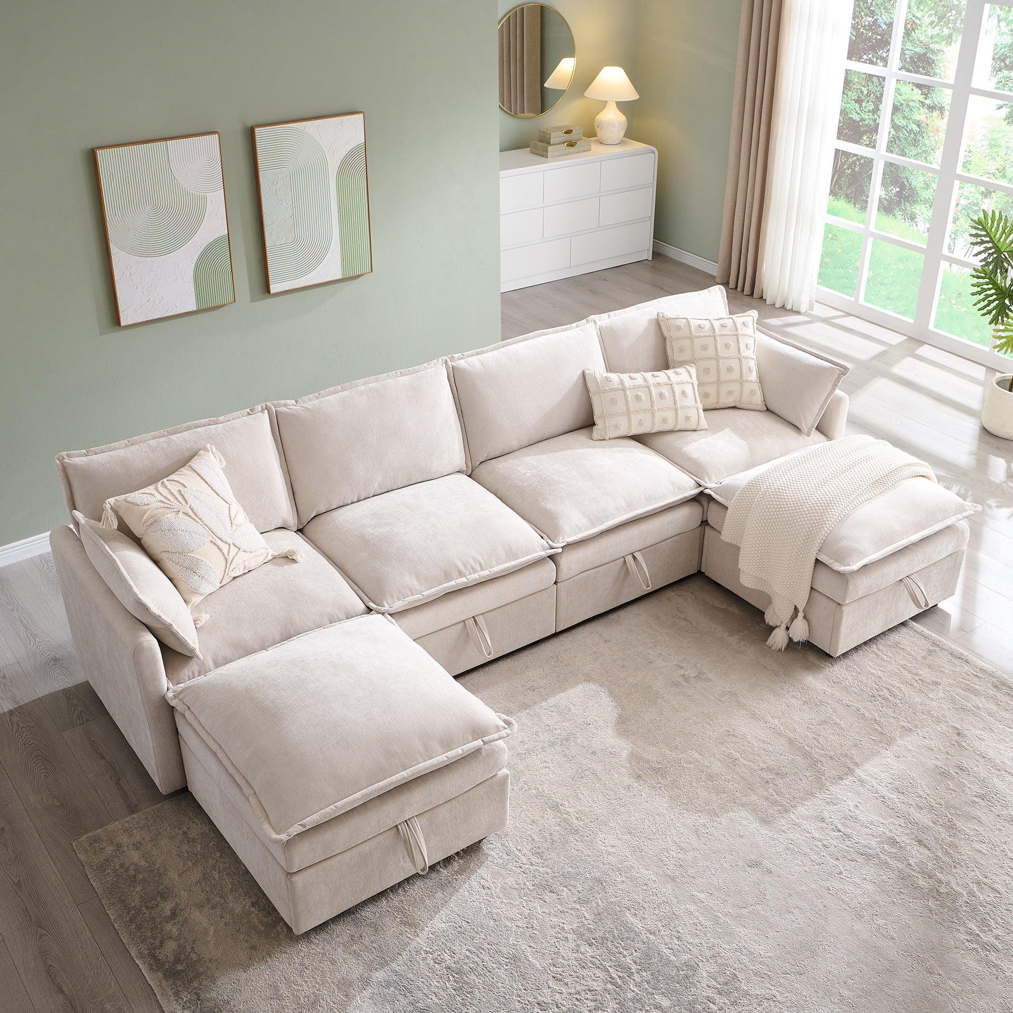 Modern U-Shaped Sectional Cloud Sofa | Chenille Fabric 4-Seat Couch with Storage & 2 Ottomans