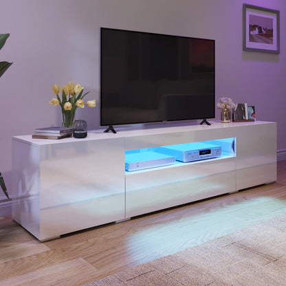 Large LED TV Stand for 75 Inch Tvs White High Glossy Media Center with 2 Cabinets and 1 Drawer for Living Room, 70"