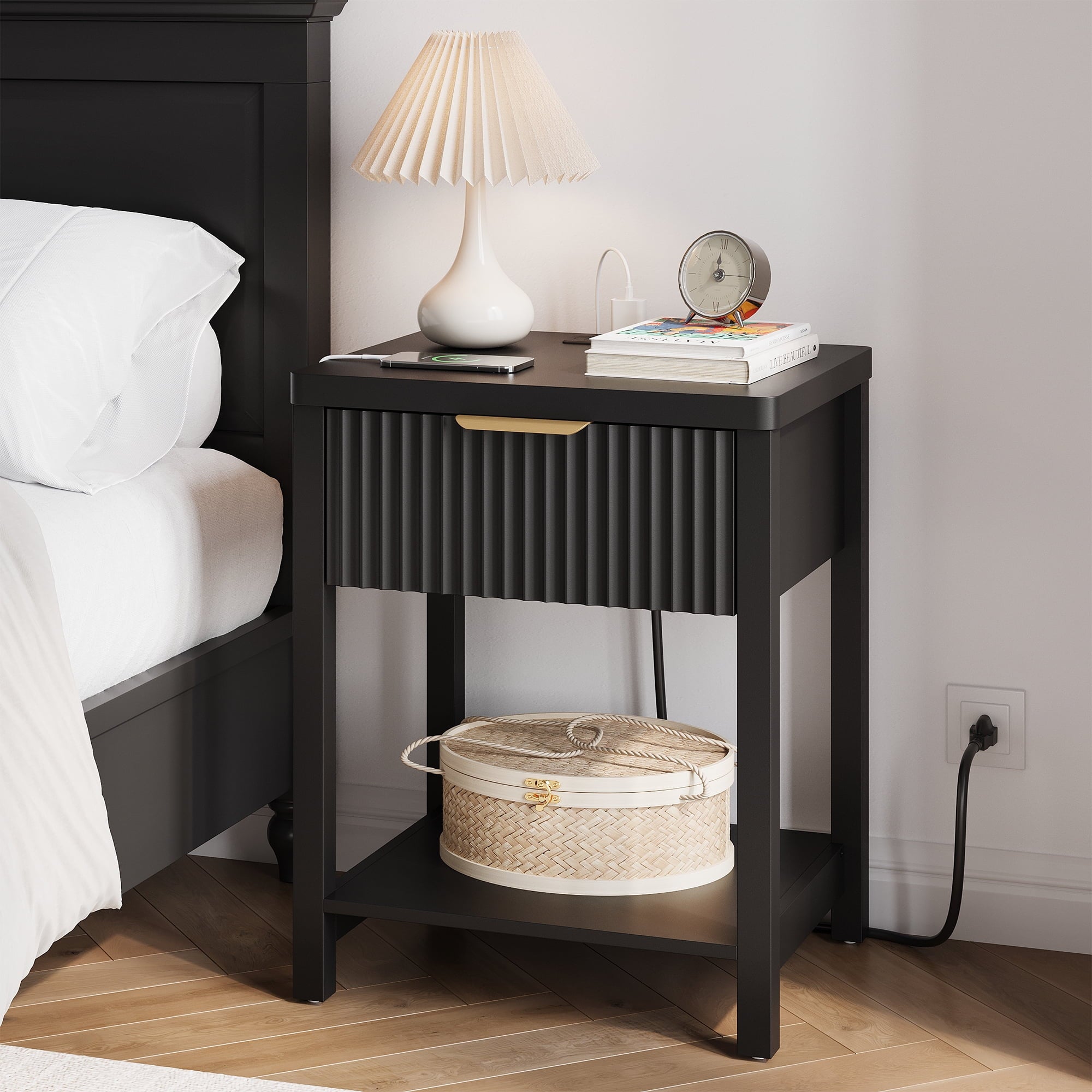 Modern Fluted Bedside Tables (Set of 2) | Integrated Power & Storage
