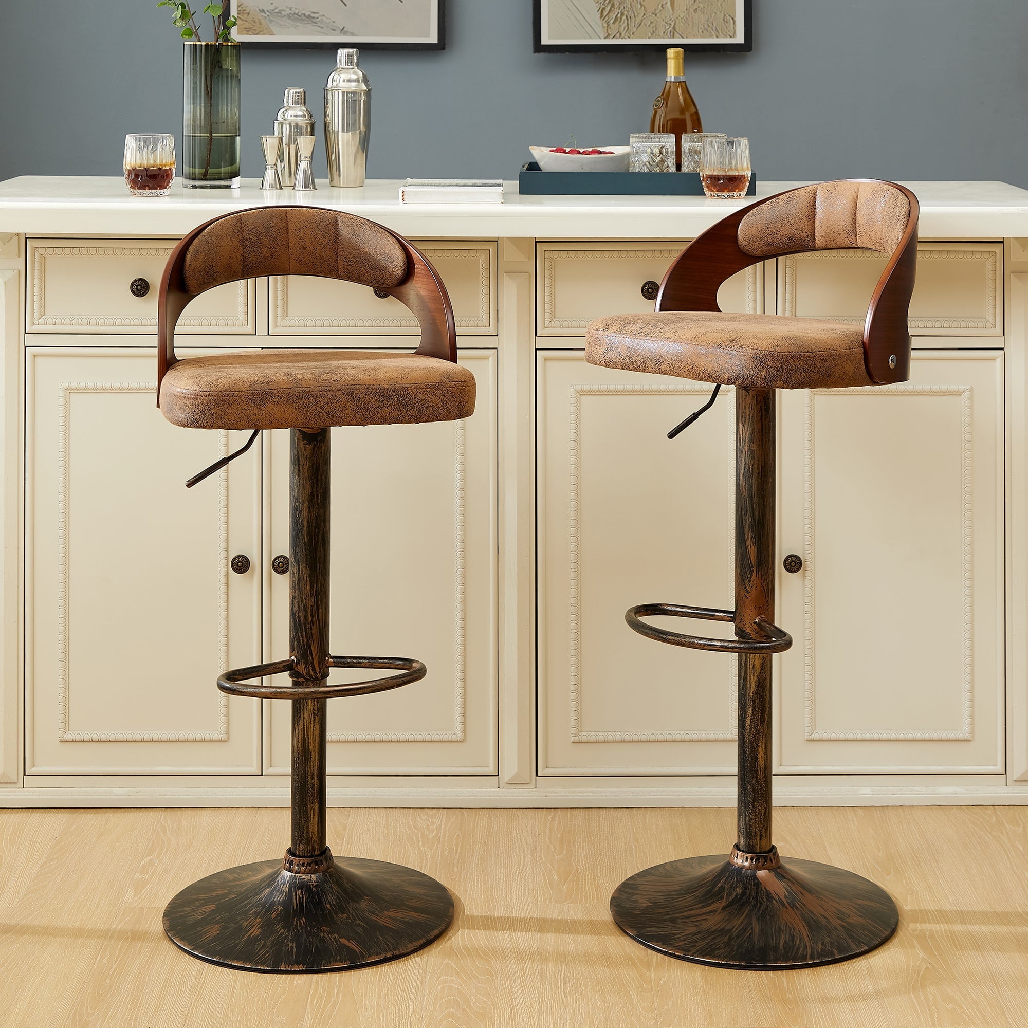 Set of 2 Swivel Bar Stools – Adjustable Height Dark Brown PU Leather