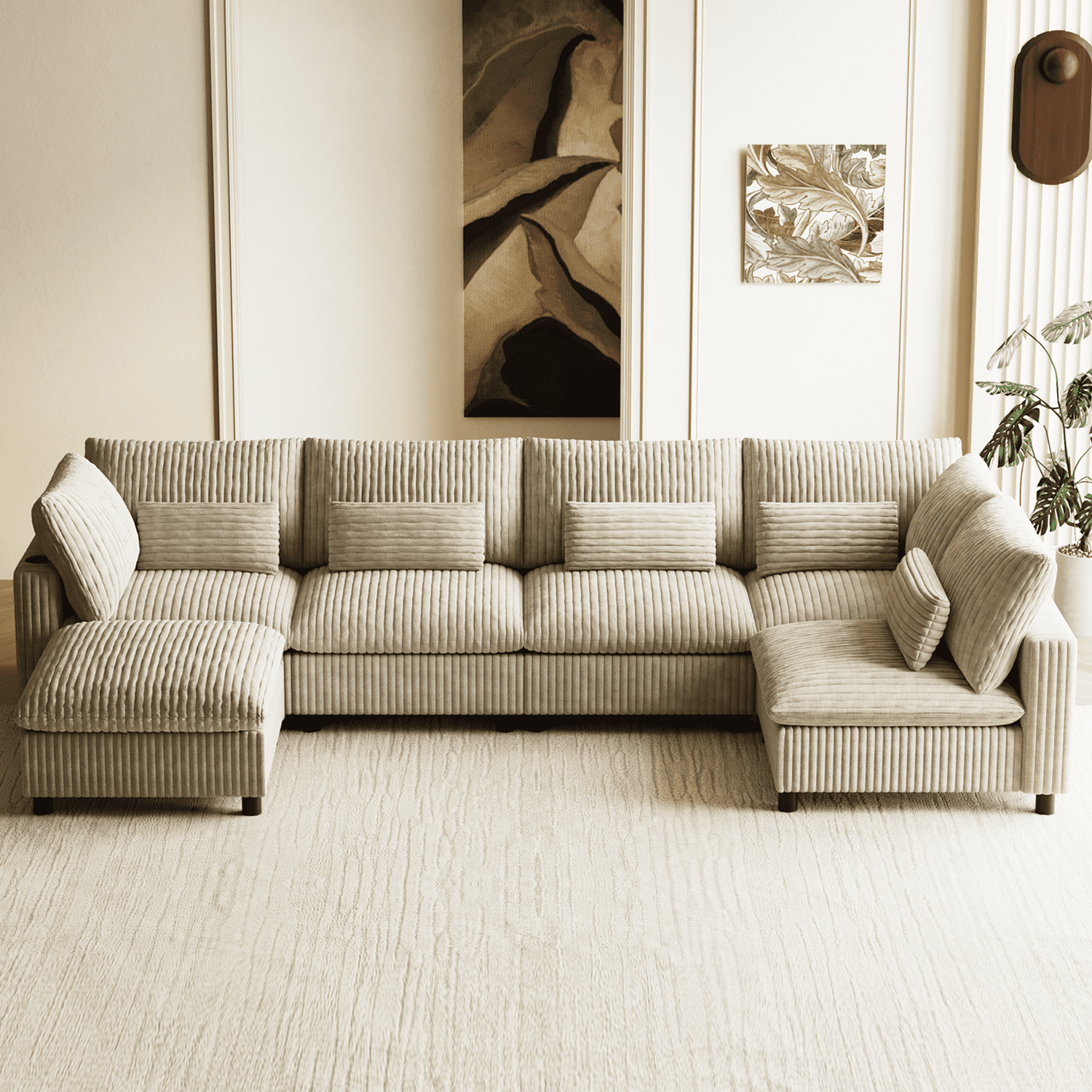 130" Oversized U-Shape Cloud Couch - 6-Seat Corduroy Modular Sectional with USB & Storage