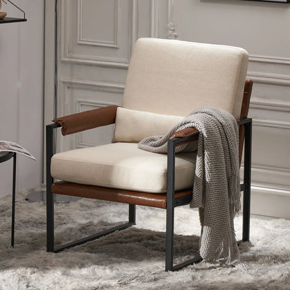 Accent Chair Lounge Armchair Modern Linen Fabric Upholstered Single Sofa with Black Coated Metal Frame Creamy White and Brown