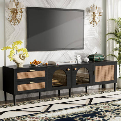 Rattan Black TV Stand Entertainment Center Fits Tv'S up to 80 In. with 2 Drawers, 3 Cabinets and LED Light