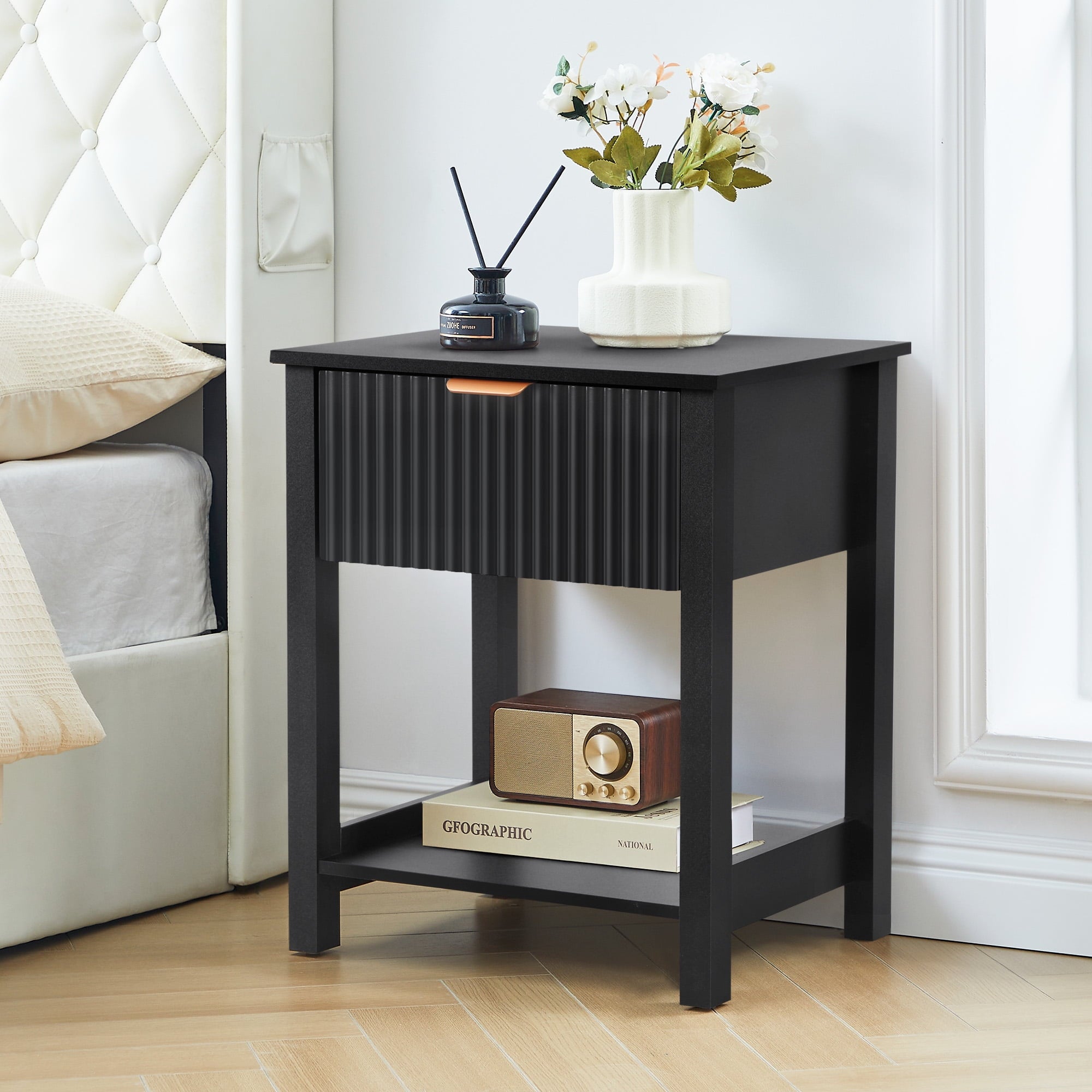 Fluted Nightstand for Bedroom, Wood Bedside Table with Drawers, Black