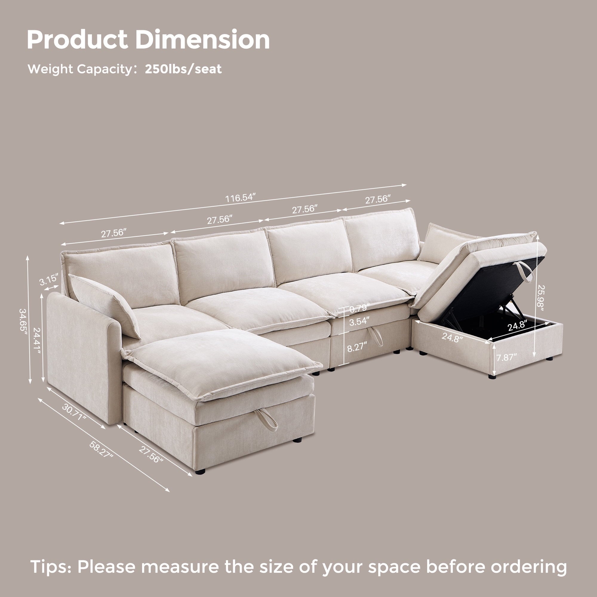 Modern U-Shaped Sectional Cloud Sofa | Chenille Fabric 4-Seat Couch with Storage & 2 Ottomans