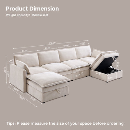 Modern U-Shaped Sectional Cloud Sofa | Chenille Fabric 4-Seat Couch with Storage & 2 Ottomans
