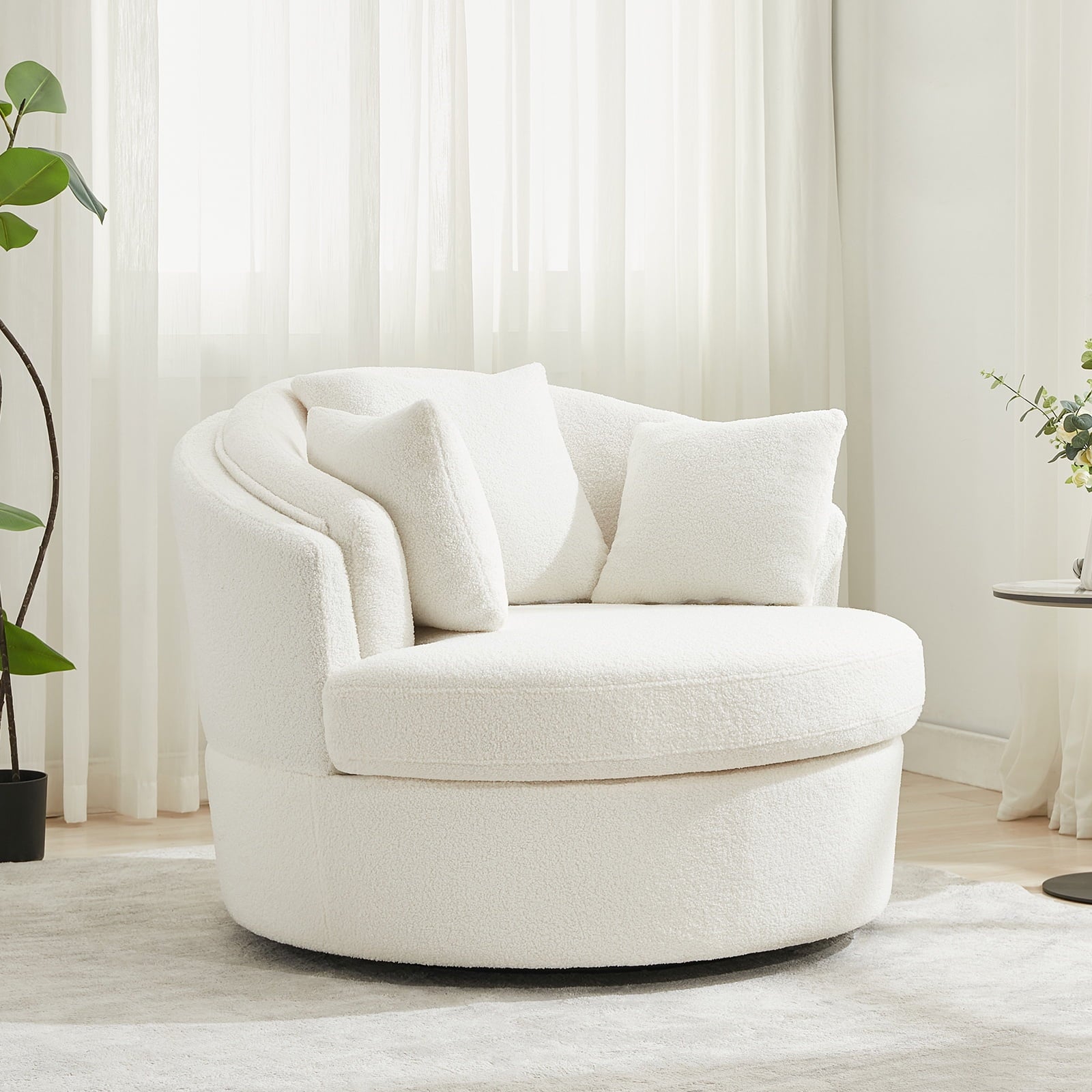 Oversized White Swivel Accent Chair - Modern Lambswool Barrel Chair for Bedroom & Living Room