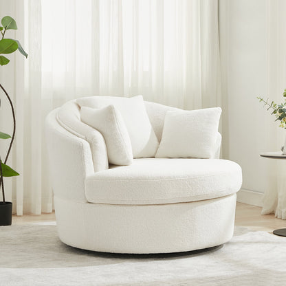 Oversized White Swivel Accent Chair - Modern Lambswool Barrel Chair for Bedroom & Living Room