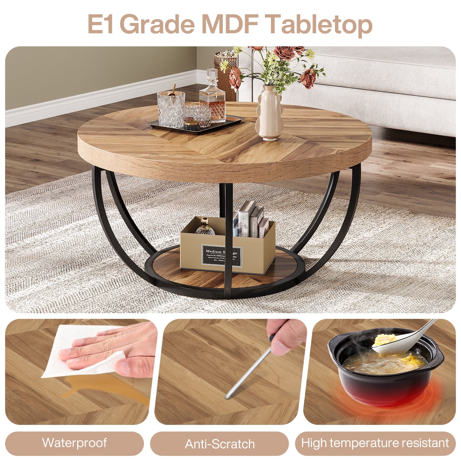 32" Round 2-Tier Coffee Table with Storage - Modern Wood & Metal