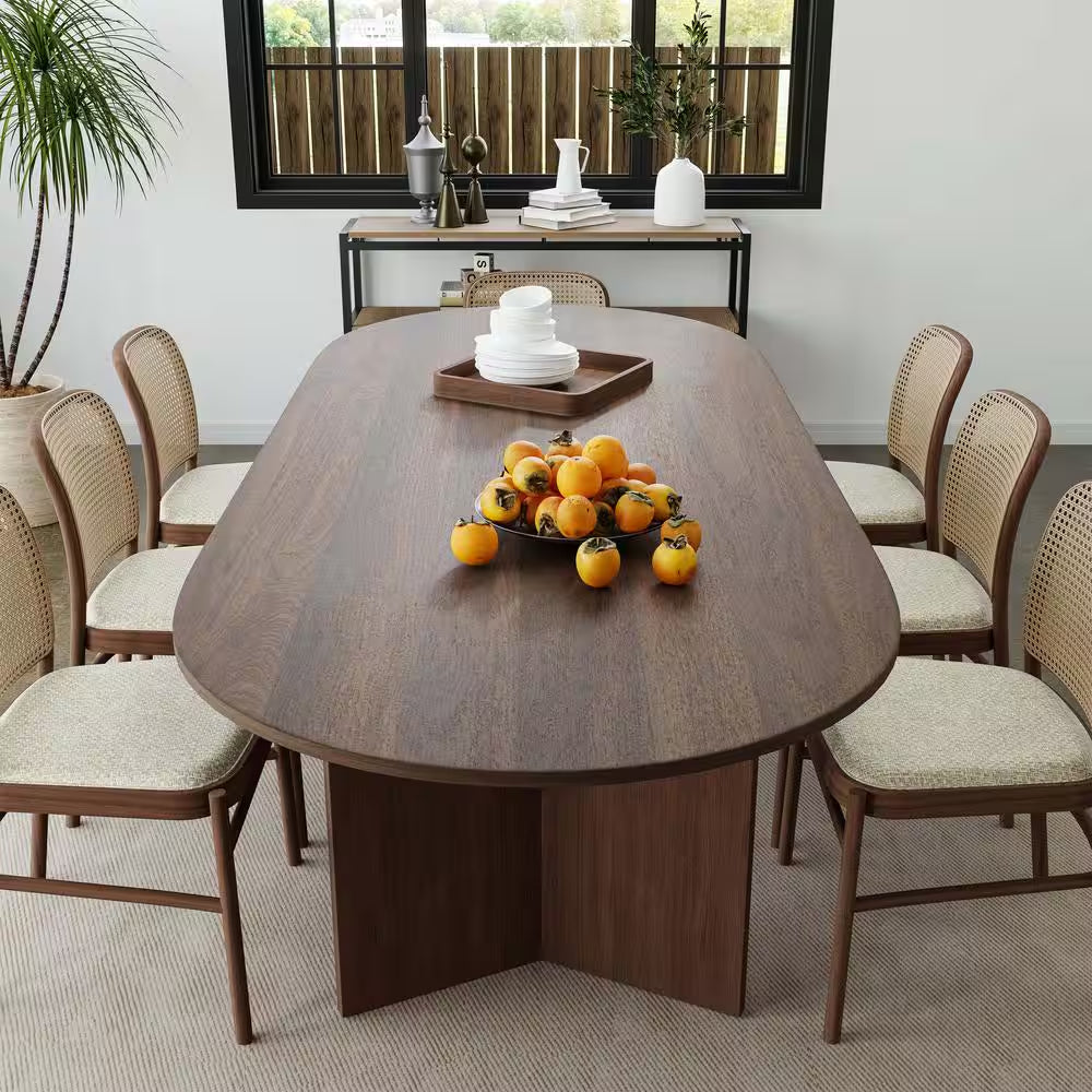 Brix Modern Oval Walnut Wood Top 79 In. Double Pedestal Base Dining Table Seats 8