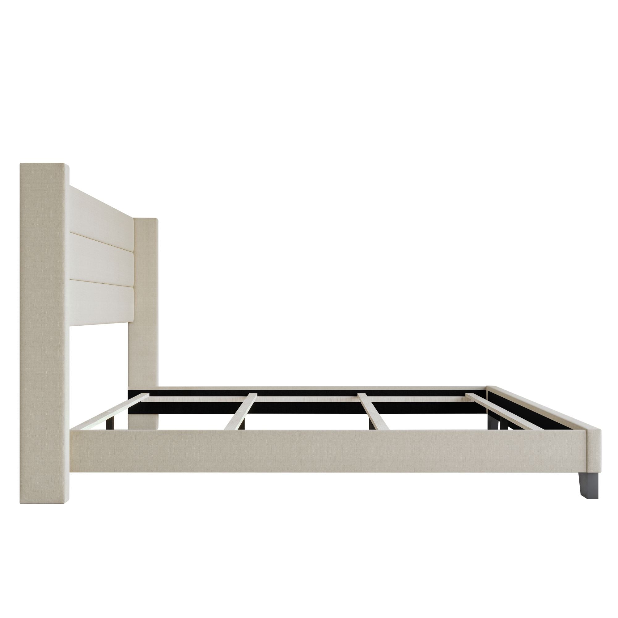 Queen Upholstered Panel Bed Frame with Wingback Headboard and Foam-Padded Support