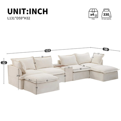 131'' Modular Sectional Sofa with Movable Ottoman and Console, Cup Holder, Wide Seat, 6 Seat U Shaped Couch, Oversized Chenille Sofa with USB Charger for Living Room, Apartments (Beige)