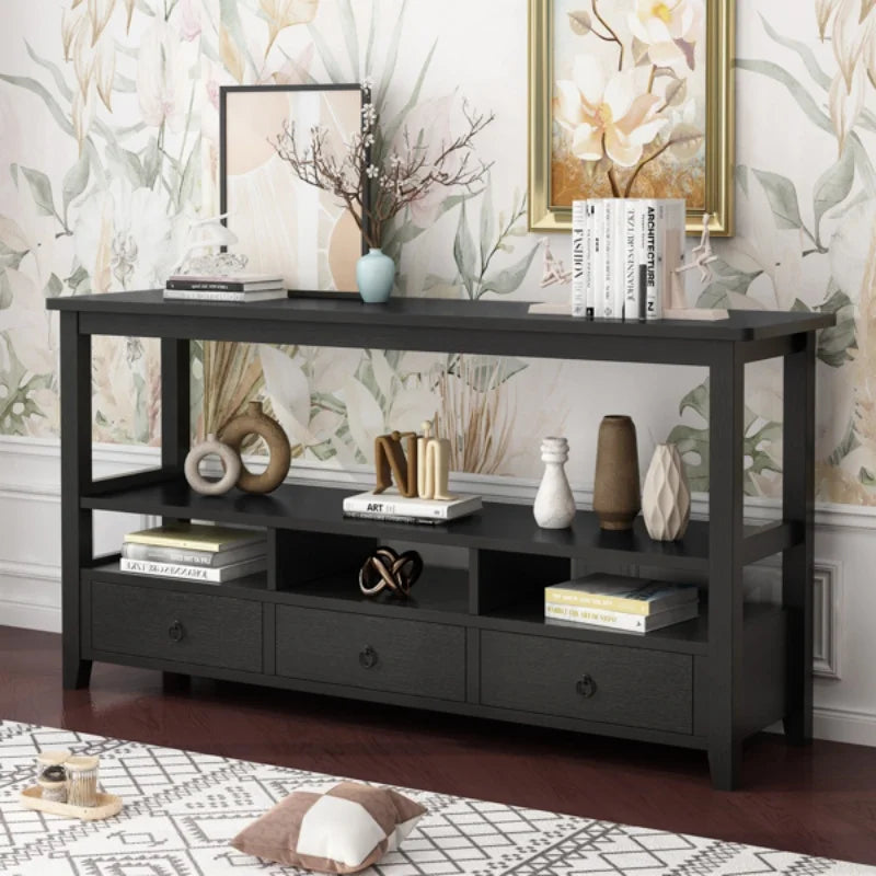 3 Tier Vintage Solid Console Table with 3 Drawers and Shelves, Industrial Console Table Coffee Table for Living Room