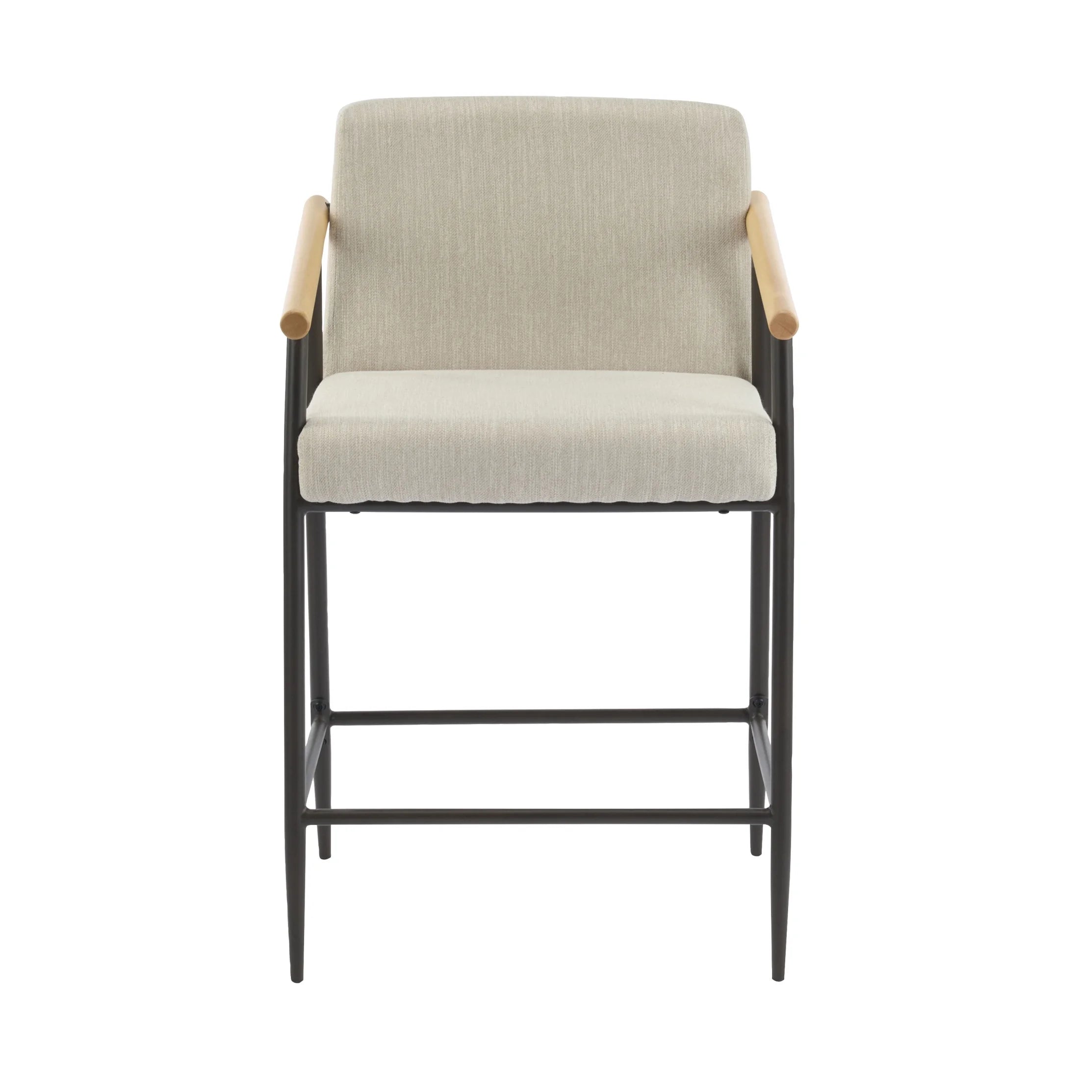 Beige Cushion, Counter Height Stools, Metal Frame, Wood Armrests, Set of 2