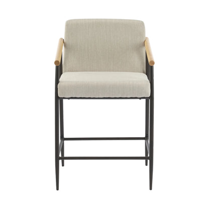 Beige Cushion, Counter Height Stools, Metal Frame, Wood Armrests, Set of 2