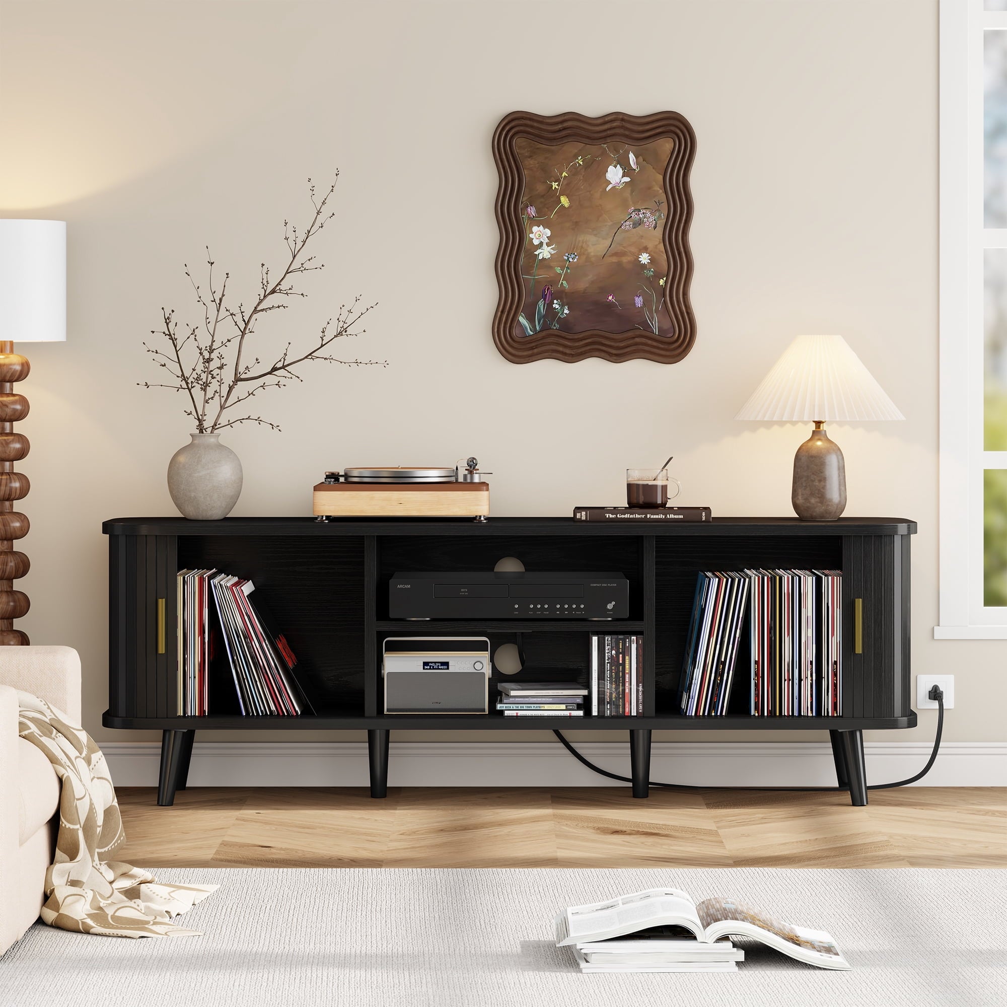 59" Modern TV Stand with Power Outlet & Sliding Doors – Black