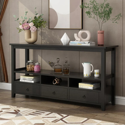 3 Tier Vintage Solid Console Table with 3 Drawers and Shelves, Industrial Console Table Coffee Table for Living Room