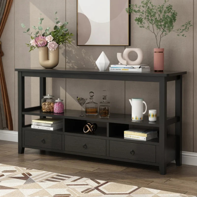 3 Tier Vintage Solid Console Table with 3 Drawers and Shelves, Industrial Console Table Coffee Table for Living Room