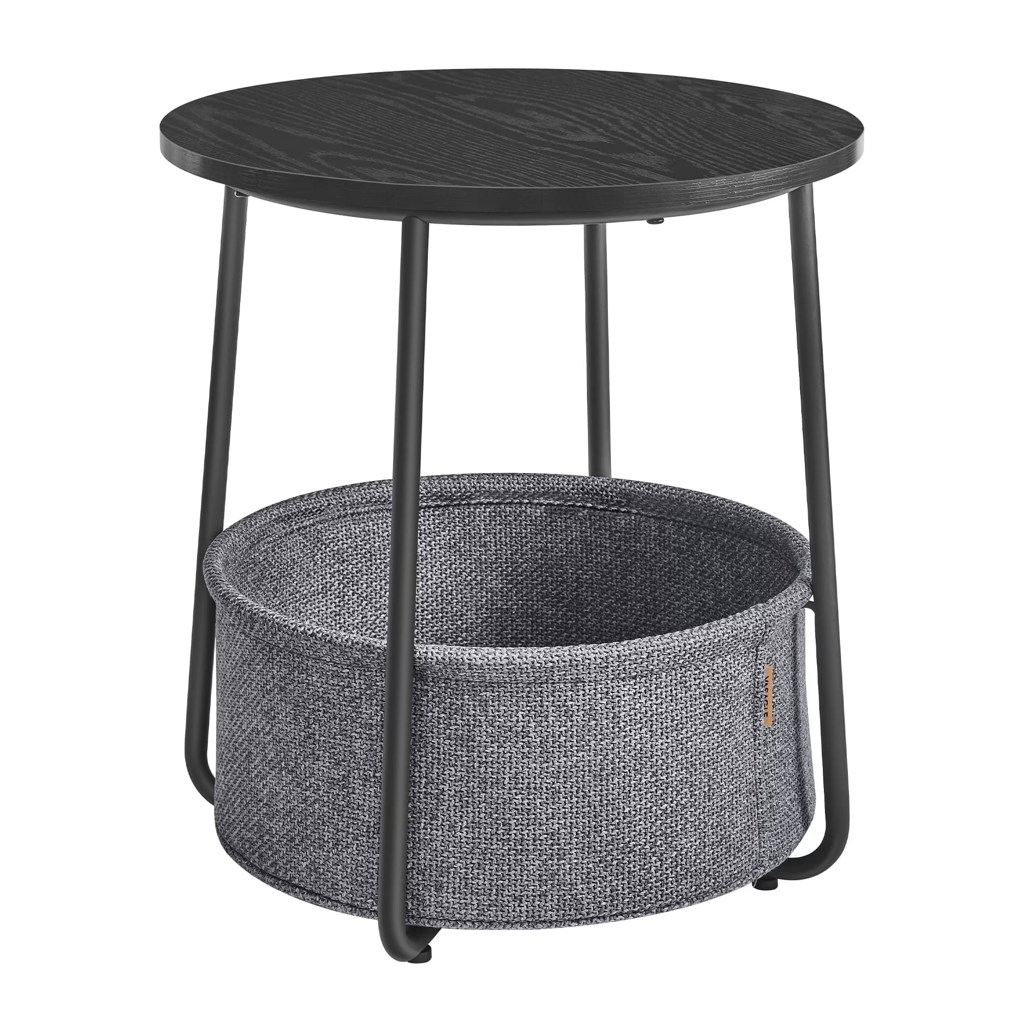 Round End Side Table with Fabric Storage Basket Bedside Table Nightstand for Living Room Bedroom Ebony Black and Slate Gray
