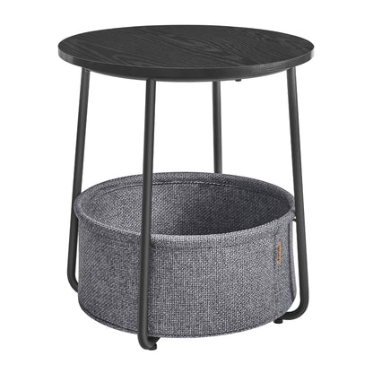 Round End Side Table with Fabric Storage Basket Bedside Table Nightstand for Living Room Bedroom Ebony Black and Slate Gray