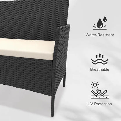4 Pieces Patio Furniture Set, Rattan Outdoor Furniture with Upholstered Sofa, 2 Chairs and Coffee Table, Conversation Bistro Set for Garden, Backyard, Porch