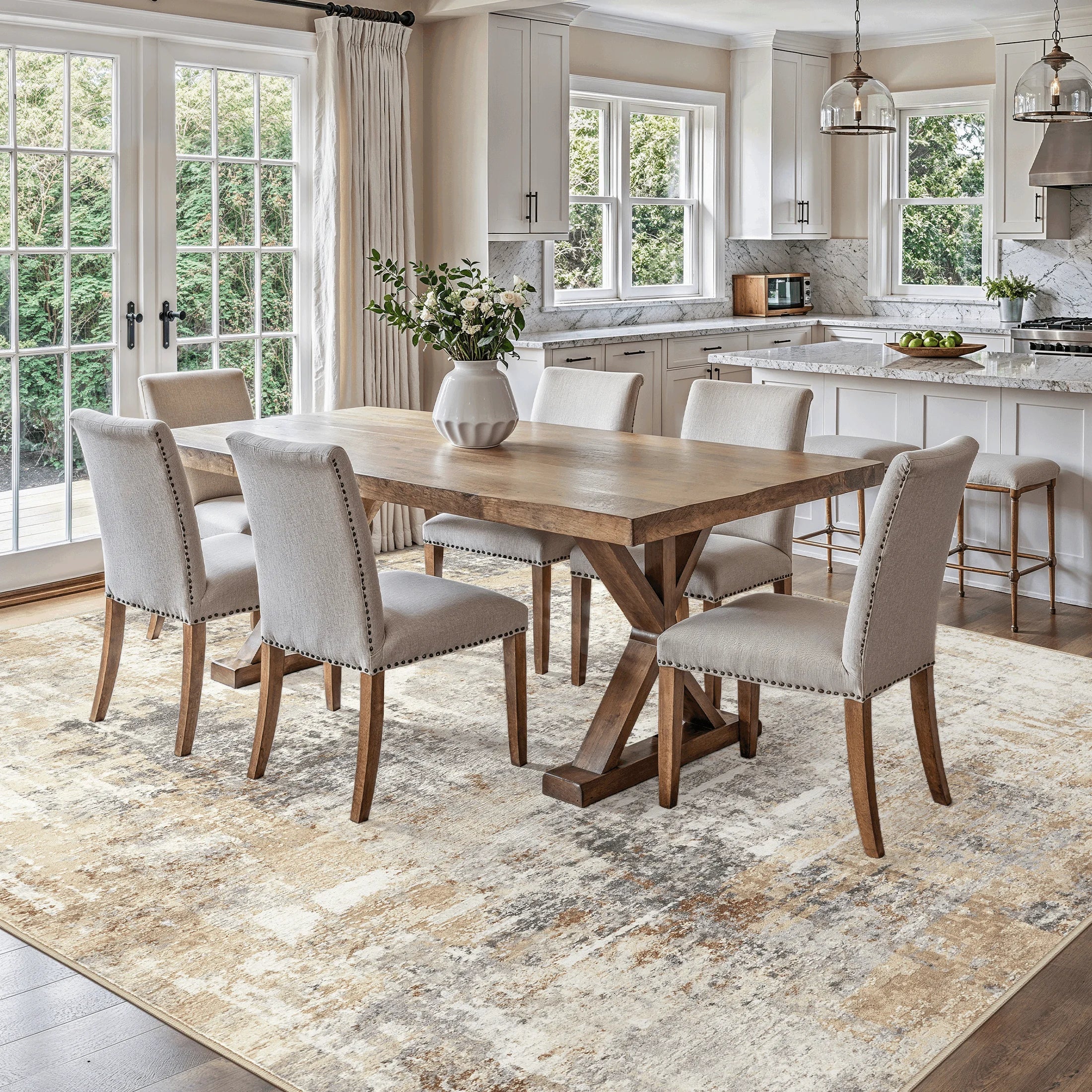 9'X12' Large Area Rugs for Living Room, Washable Non Slip Indoor Rug for Bedroom Home Decor Carpets, Modern Abstract Printed Carpet, Grey Gold