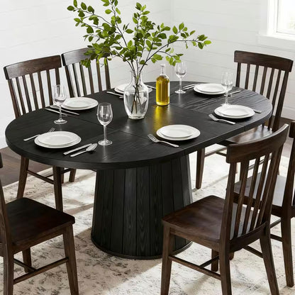 Modern Black Engineered Wood Pedestal Dining Table Seat 6
