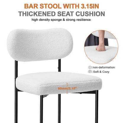 Set of 2 White Bouclé Bar Stools – 26" Counter Height with Backrest