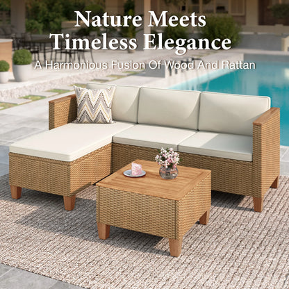 3-Piece Patio Furniture Conversation Set, Weather-Resistant Wicker Outdoor Sectional Sofa Set with Table & Cushions, Small Balcony & Porch Friendly