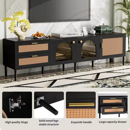 Rattan Black TV Stand Entertainment Center Fits Tv'S up to 80 In. with 2 Drawers, 3 Cabinets and LED Light