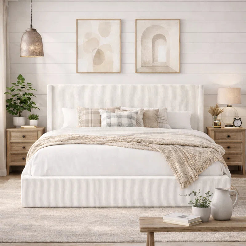 Wauseon Luxury Hydraulic Lift up Storage Corduroy Upholstered Platform Bed,Modern Wingback Design,No Box Spring Needed, Noise-Free