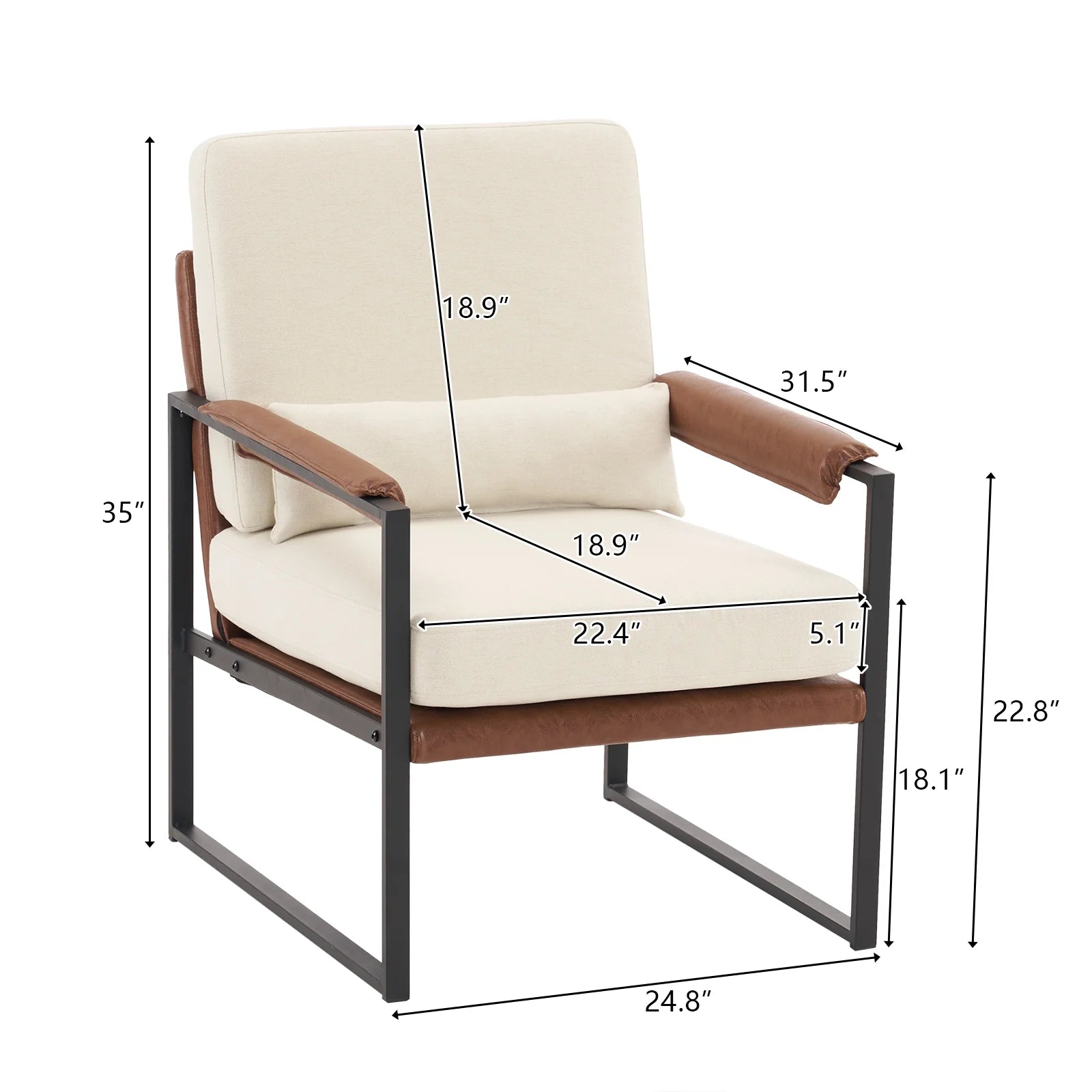Accent Chair Lounge Armchair Modern Linen Fabric Upholstered Single Sofa with Black Coated Metal Frame Creamy White and Brown