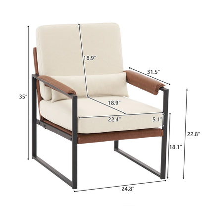 Accent Chair Lounge Armchair Modern Linen Fabric Upholstered Single Sofa with Black Coated Metal Frame Creamy White and Brown
