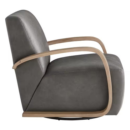 Ella Dark Grey Leather Swivel Accent Chair with Grey Solid Wood Arm Modern Armchair for Living Room or Bedroom