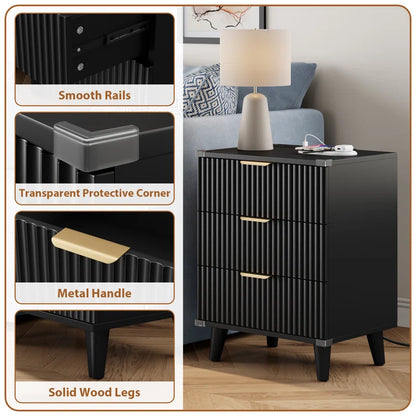 Nightstand with Charging Station, 3 Drawers  With 2 USB Ports and 2 AC Outlets