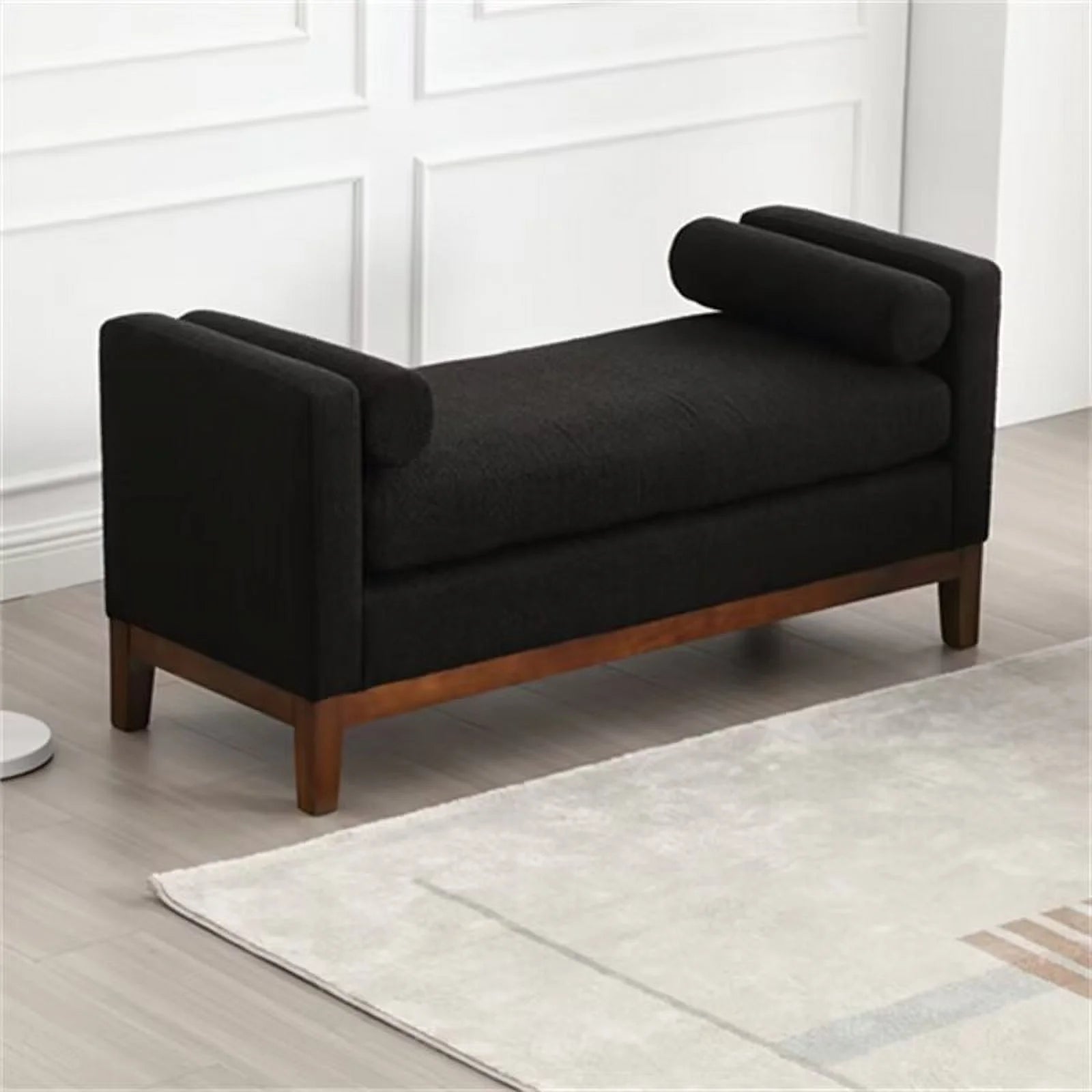 Boucle Bedroom End of Bed Bench with Wood Legs & Bolster Pillows, Black