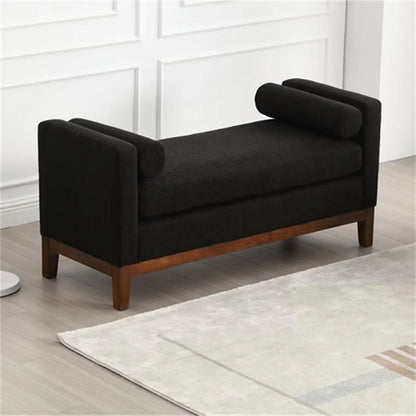 Boucle Bedroom End of Bed Bench with Wood Legs & Bolster Pillows, Black
