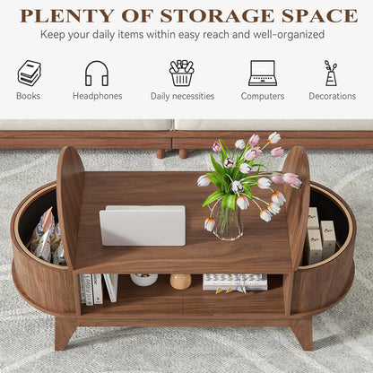 Fluted Coffee Table with Storage, Modern Coffee Tables, Wood Accent Center Table