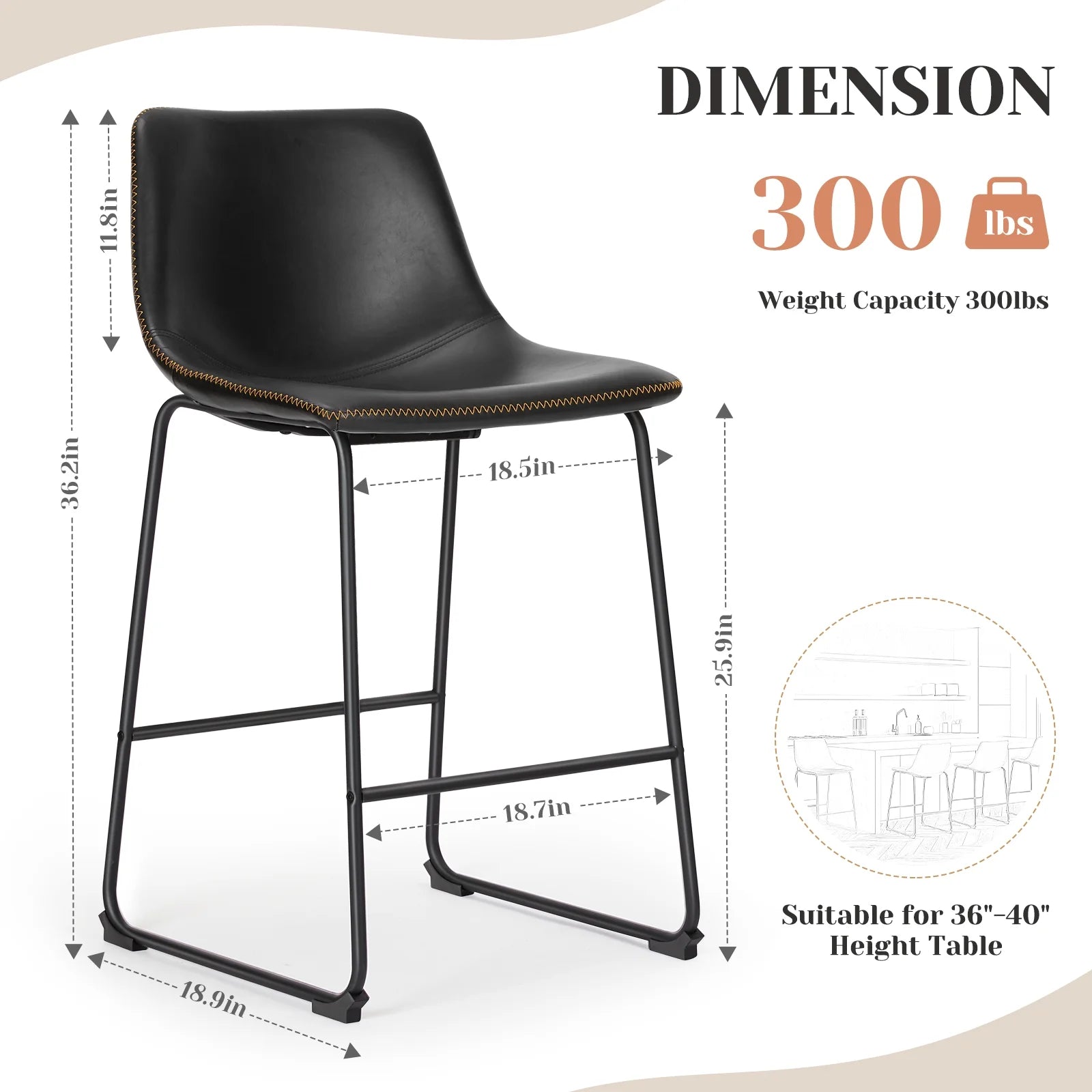 Counter Height Bar Stools with Back and Footrest, Metal Frame, 26 Inch, Black