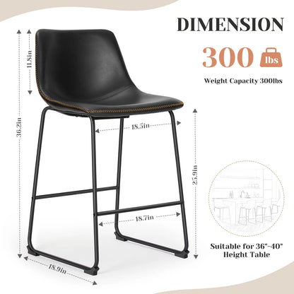 Counter Height Bar Stools with Back and Footrest, Metal Frame, 26 Inch, Black