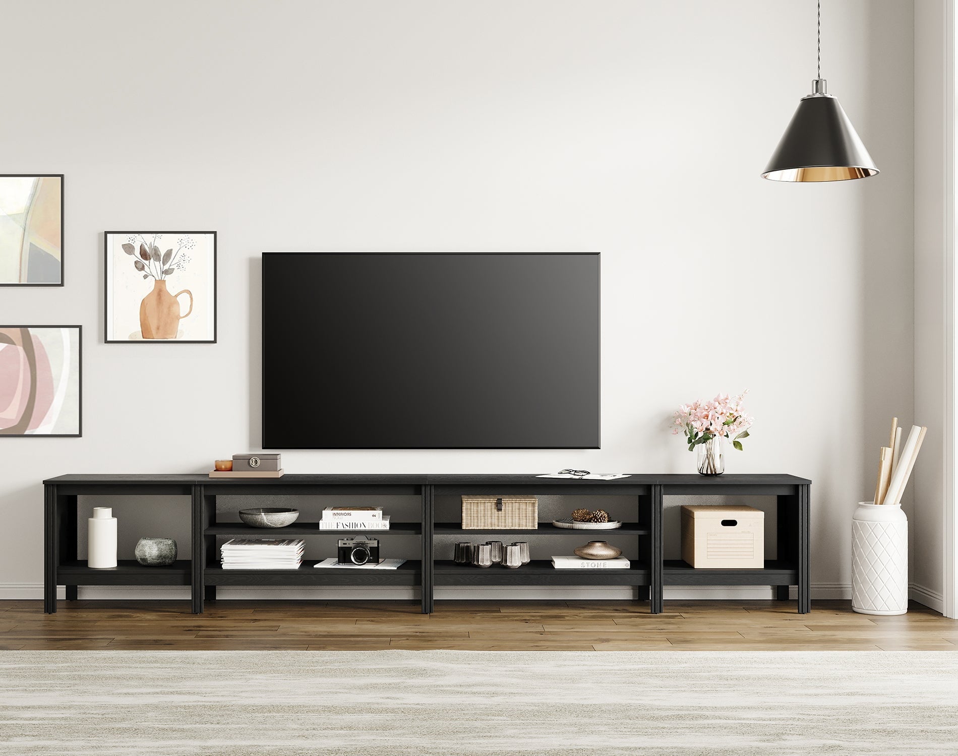 118" Wood TV Stand for 85-100" Tvs, Media Console Table with Open Shelves for Living Room Bedroom, Black