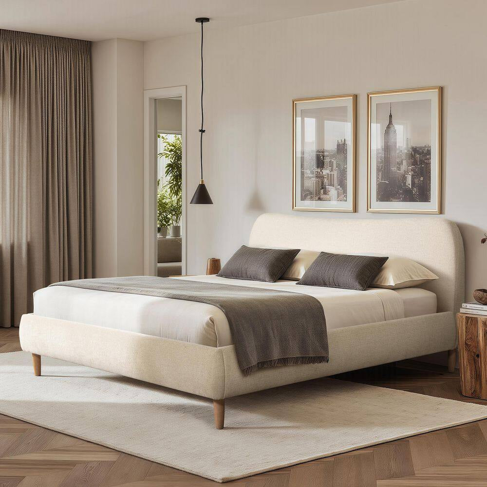 Roman Curved Headboard Boucle Upholstered Modern King Platform Bed Frame in Oatmeal Light Beige Chenille