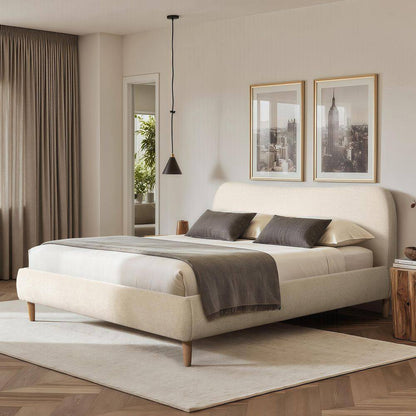 Roman Curved Headboard Boucle Upholstered Modern King Platform Bed Frame in Oatmeal Light Beige Chenille